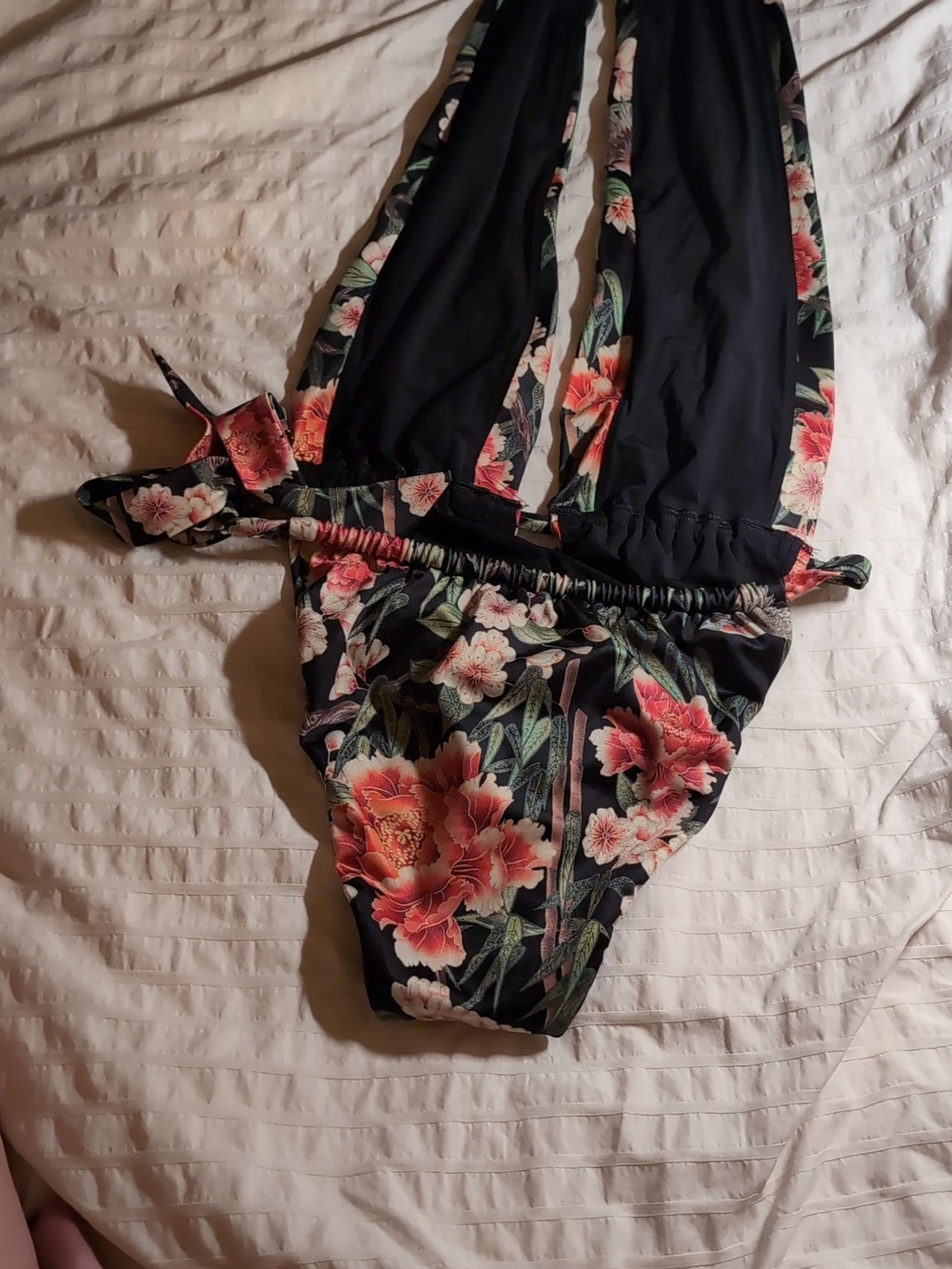 Black Halter One-Piece Swimsuit with Pink Floral Print - Picture 6 of 6